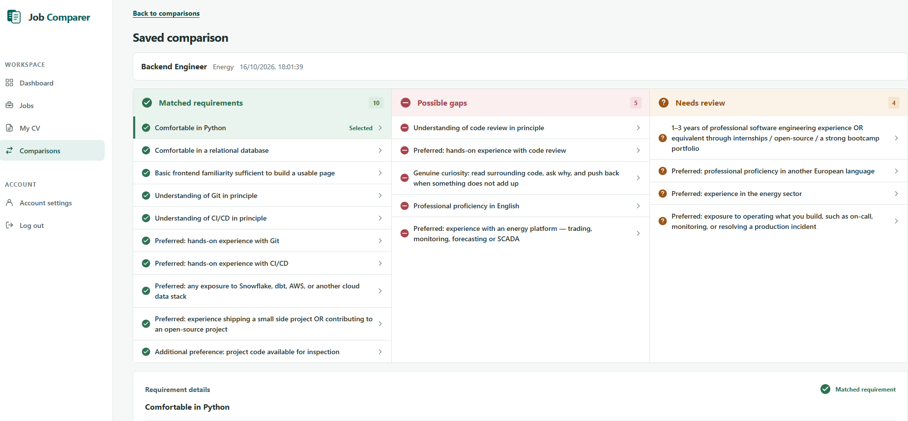 Job Comparer saved comparison results showing matched requirements, possible gaps, and items needing review for a Backend Engineer role
