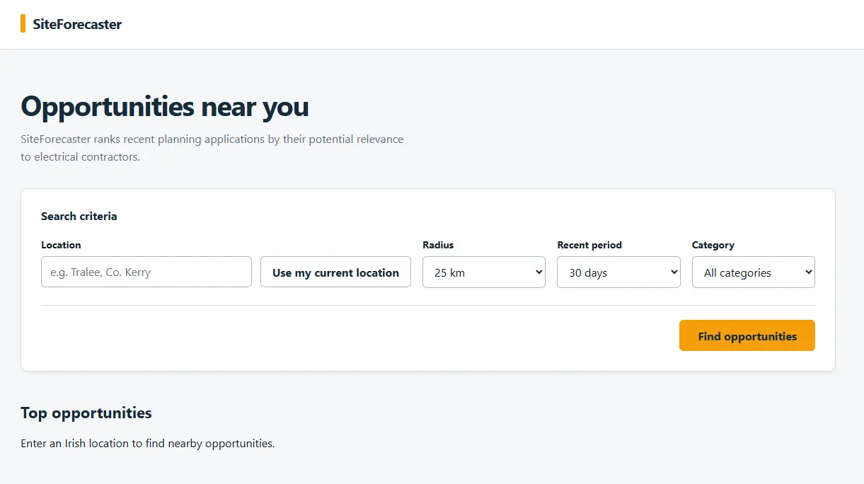 SiteForecaster opportunities search interface